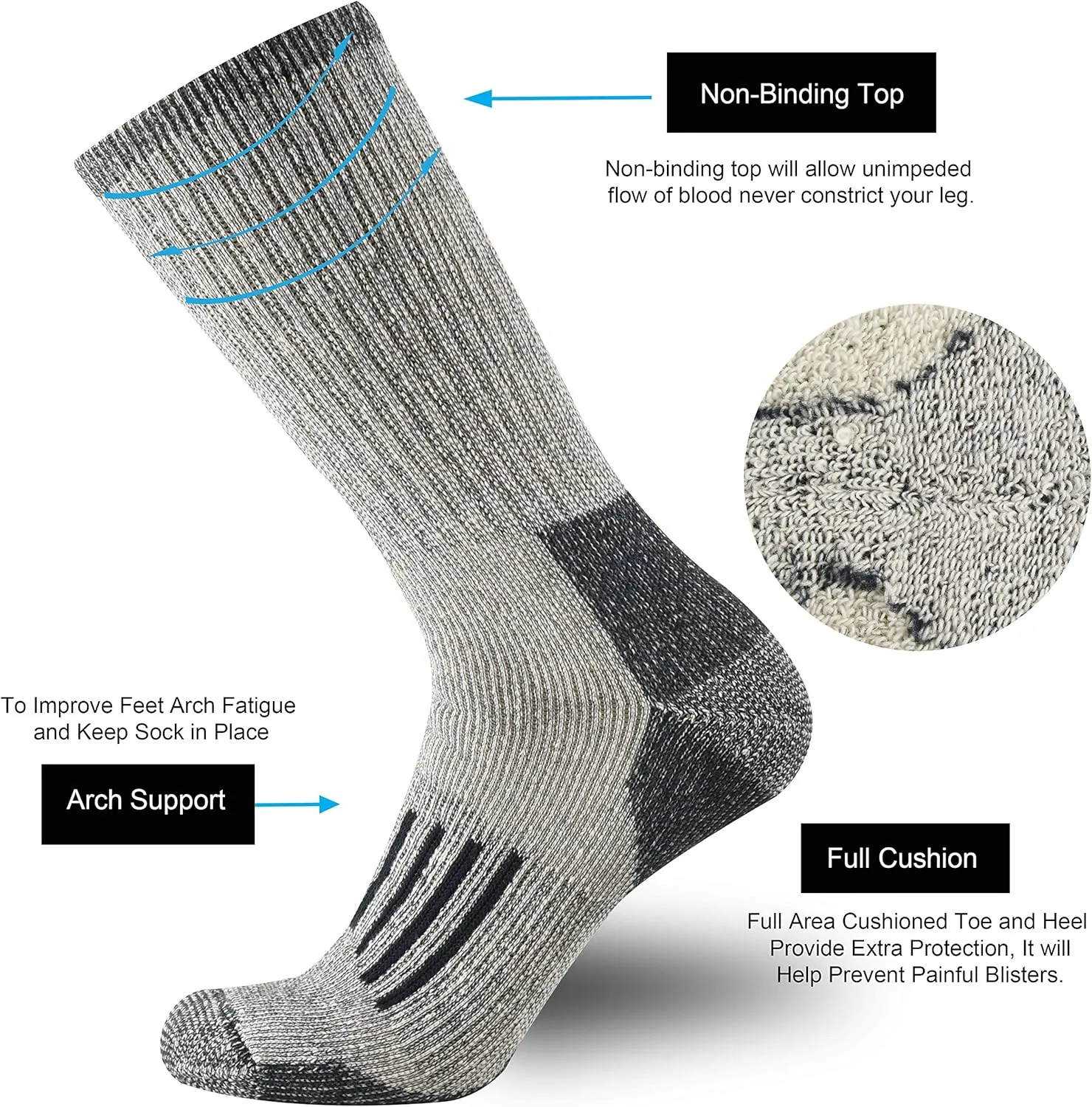 ONKE Merino Wool Cushion Crew Socks for Men Outdoor Hiking All Seasons Work Boot Heavy Thick Thermal Moisture Wicking Control