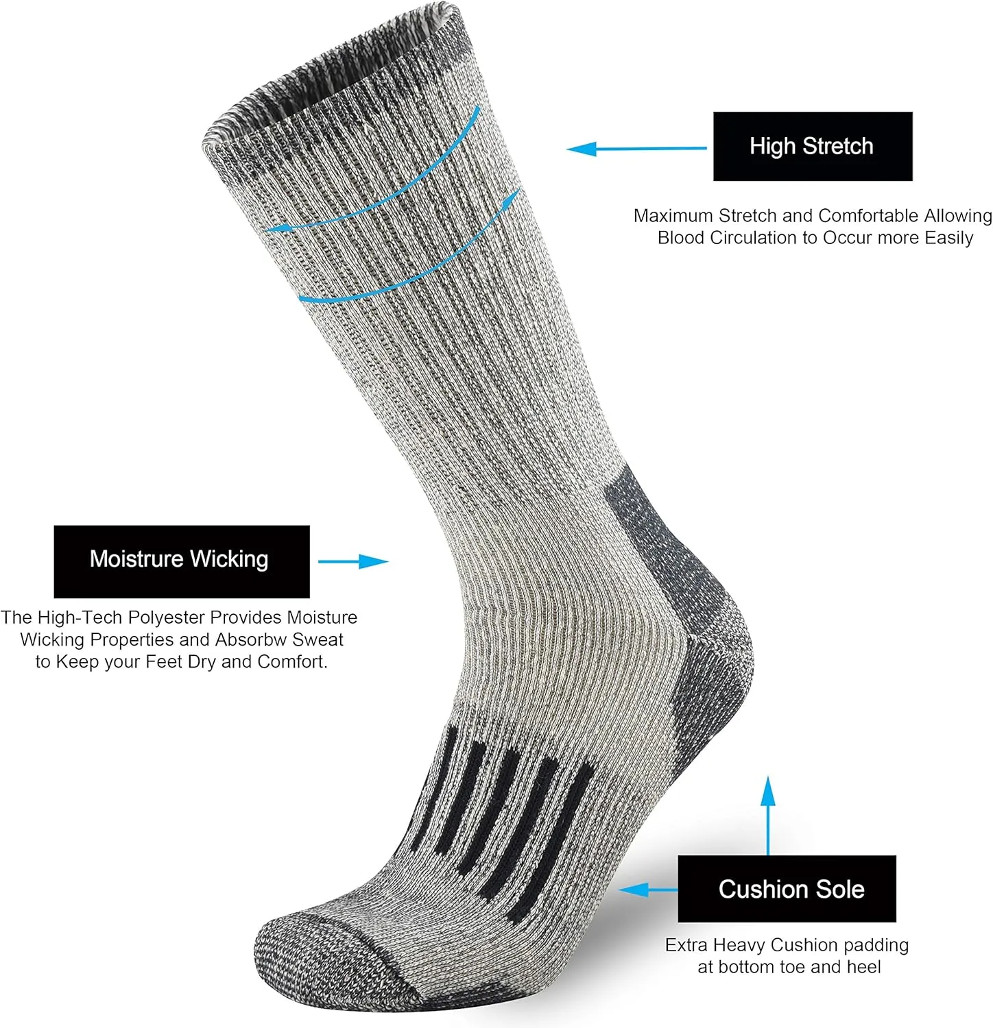 ONKE Merino Wool Cushion Crew Socks for Men Outdoor Hiking All Seasons Work Boot Heavy Thick Thermal Moisture Wicking Control