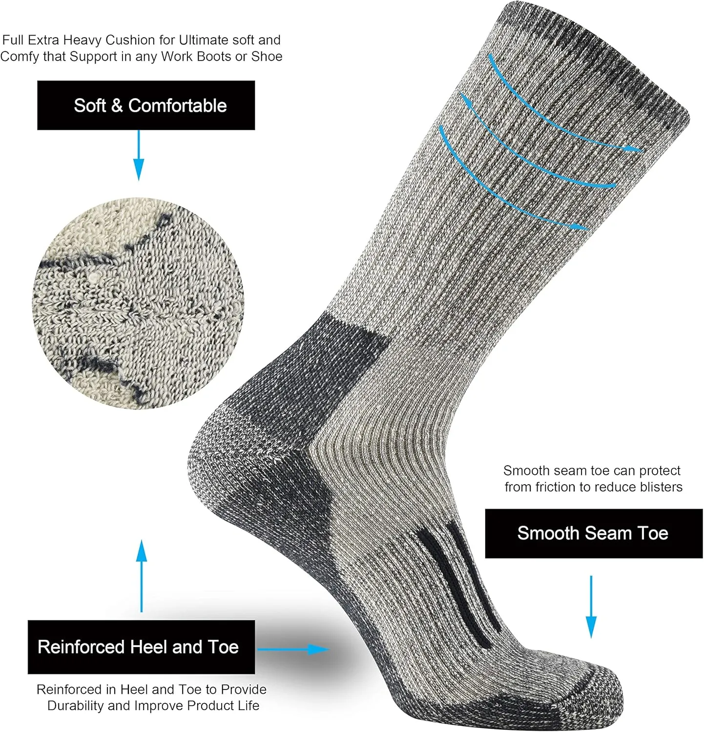 ONKE Merino Wool Cushion Crew Socks for Men Outdoor Hiking All Seasons Work Boot Heavy Thick Thermal Moisture Wicking Control