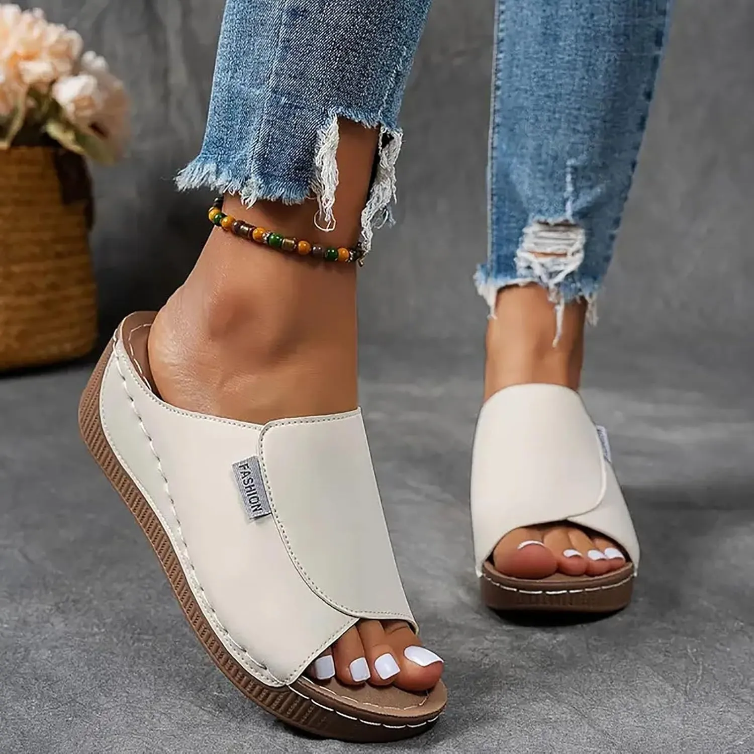 Orthopedic Sandals for Women Comfortable Arch Support Slides Women's Sandal Breathable Summer Orthotic Leather Platform Wedge Slip on