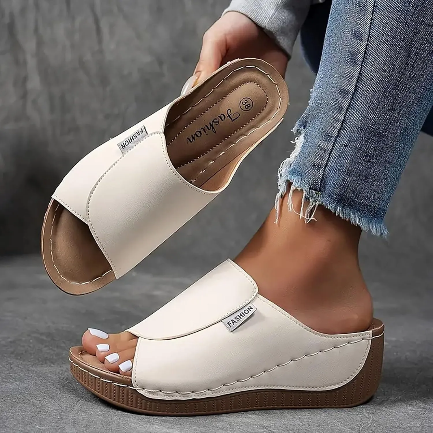 Orthopedic Sandals for Women Comfortable Arch Support Slides Women's Sandal Breathable Summer Orthotic Leather Platform Wedge Slip on