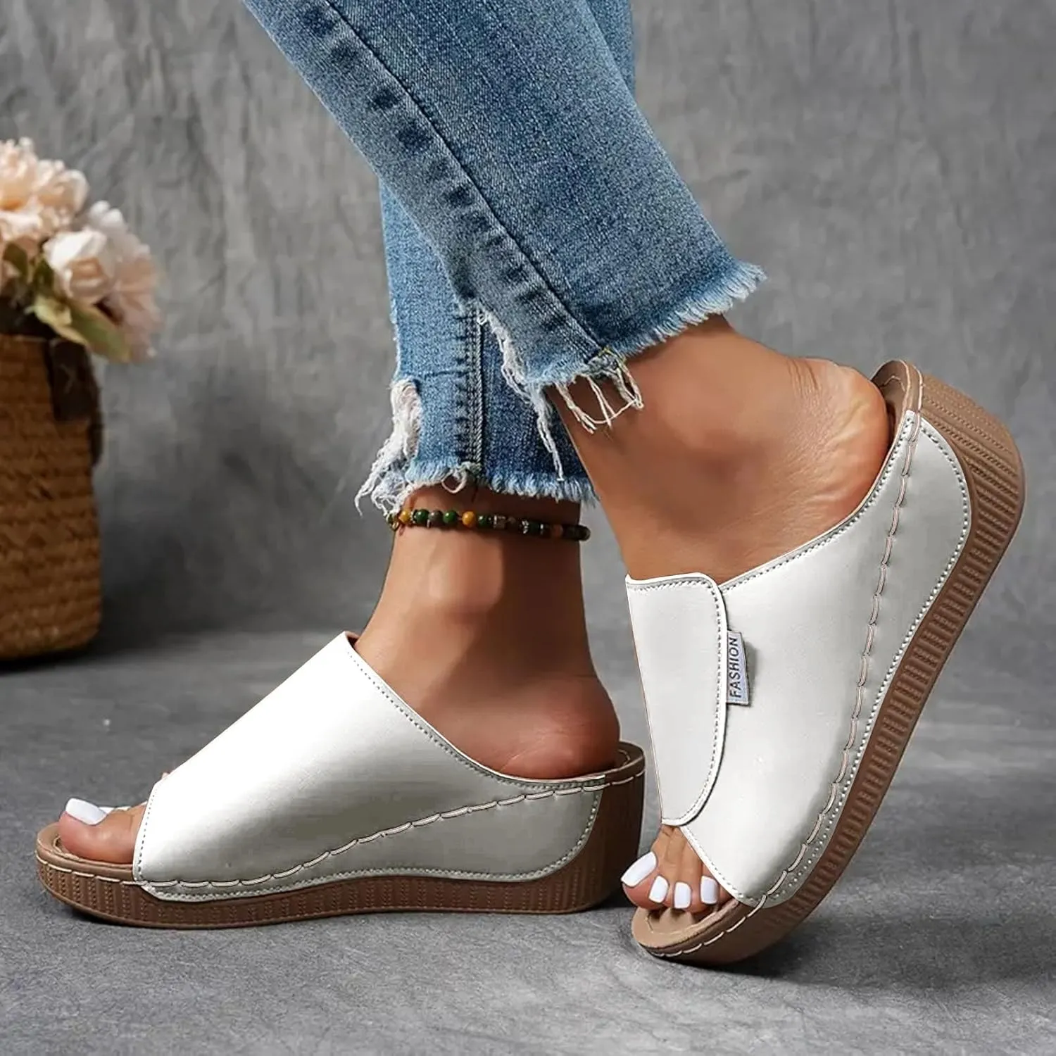 Orthopedic Sandals for Women Comfortable Arch Support Slides Women's Sandal Breathable Summer Orthotic Leather Platform Wedge Slip on