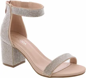 Over the Toe Strap Ankle Wrap Strap Heel Open Toe Block Low Heel Sandal, Nude Rhinestone, 8