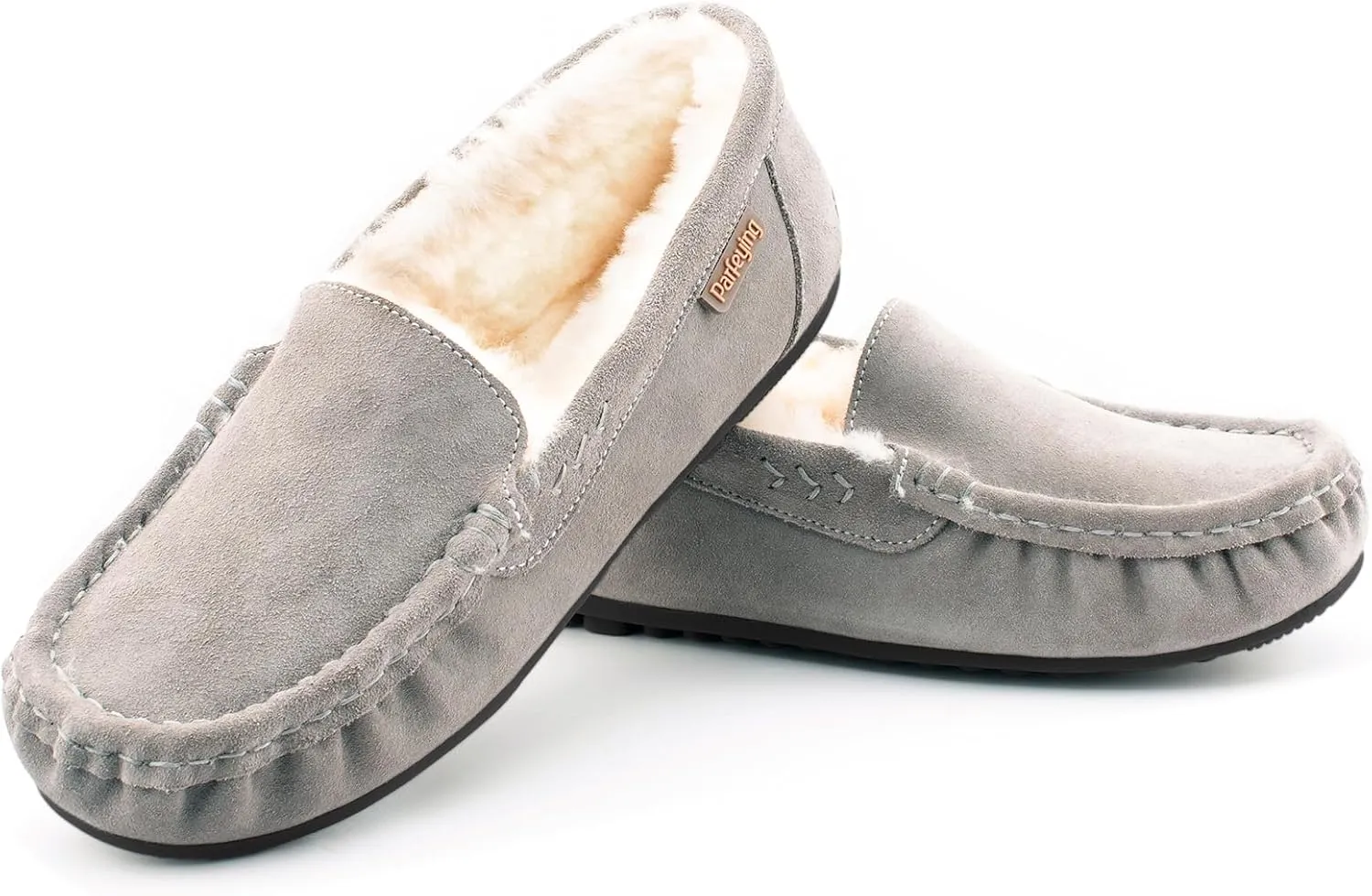 Parfeying Women's Sheepskin Moccasin Slippers Cow Suede Memory Foam Driving Style Loafers