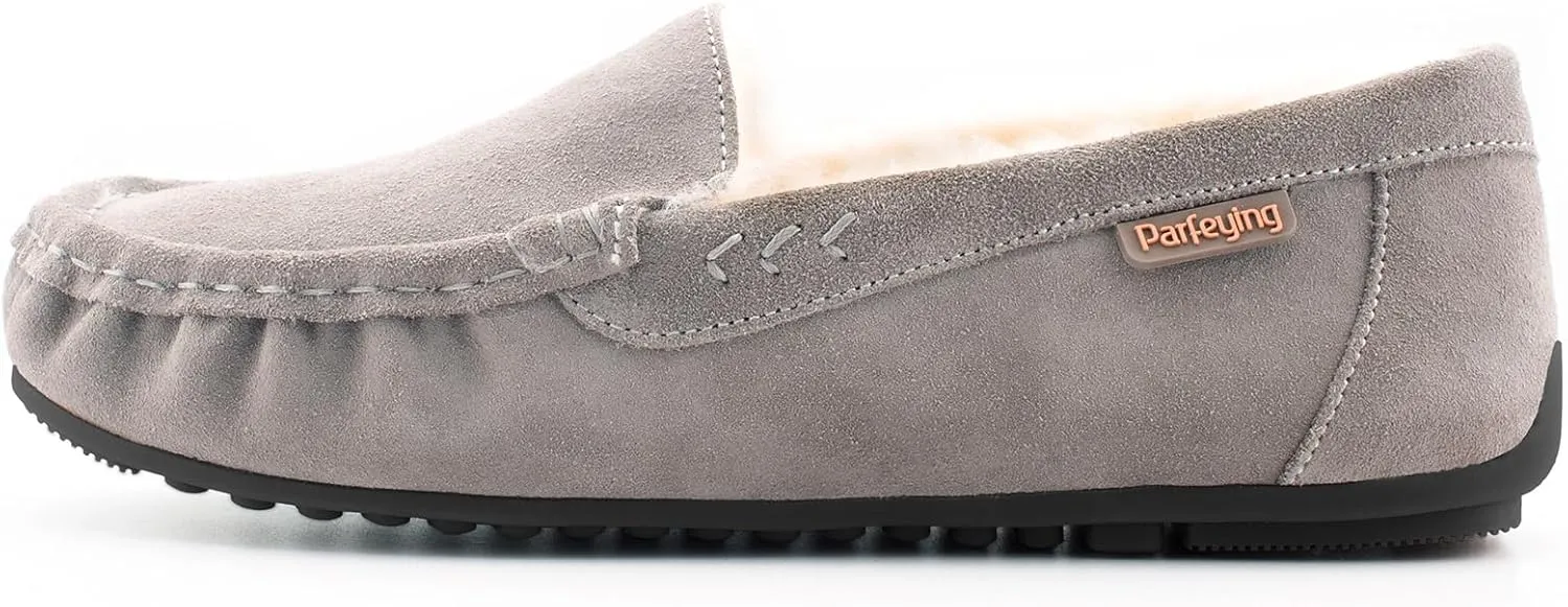Parfeying Women's Sheepskin Moccasin Slippers Cow Suede Memory Foam Driving Style Loafers