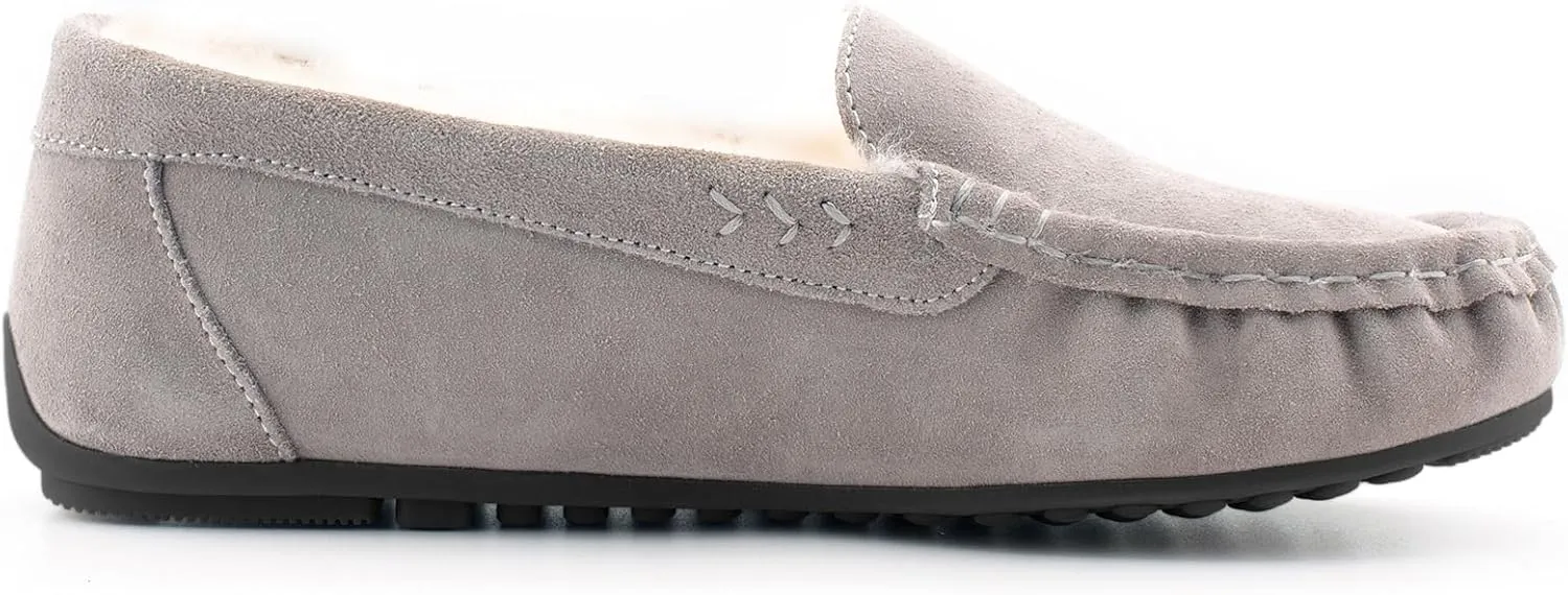 Parfeying Women's Sheepskin Moccasin Slippers Cow Suede Memory Foam Driving Style Loafers