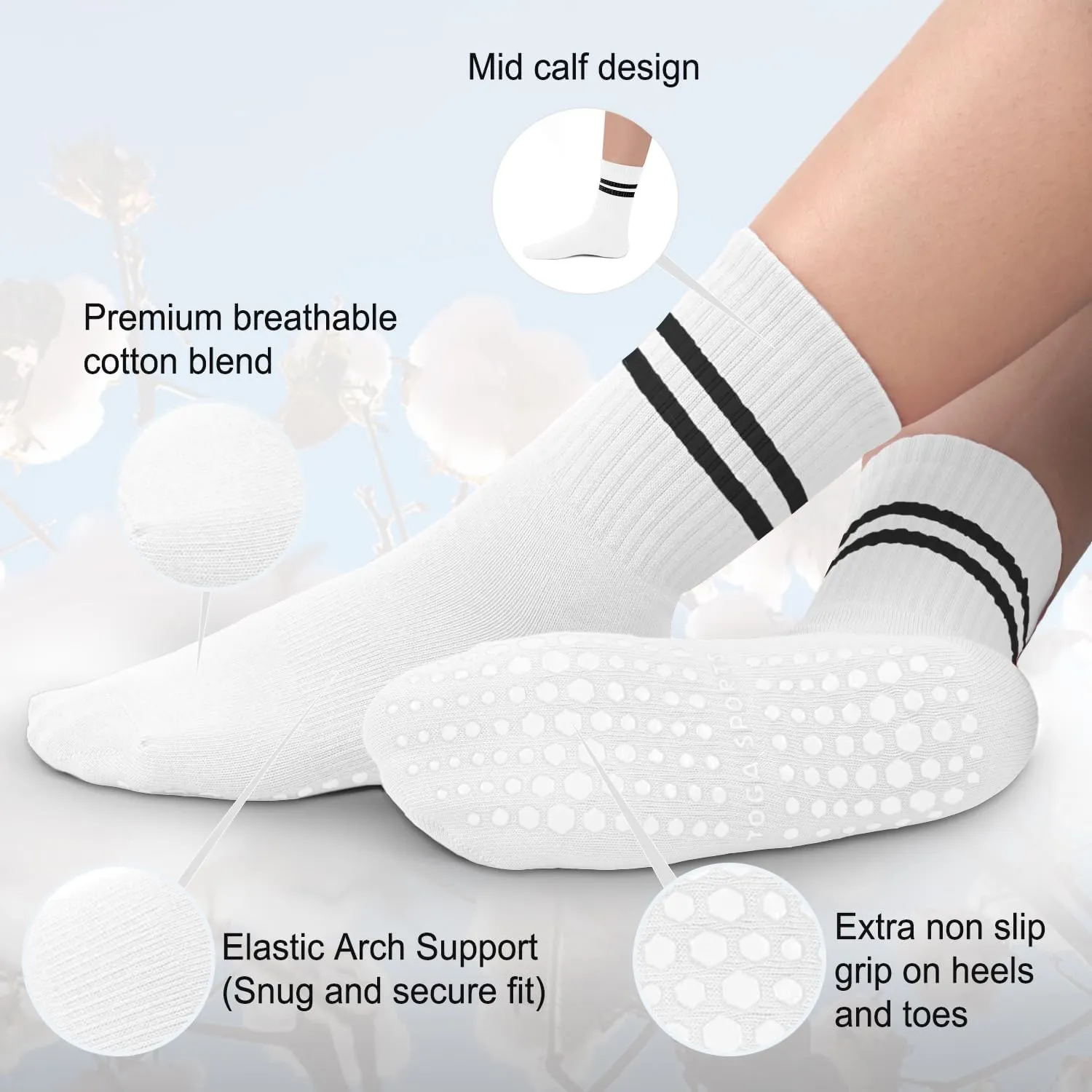 Pilates Socks with Grips for Women, Non-Slip Yoga Athletic Socks for Barre Barefoot Workout Hospital