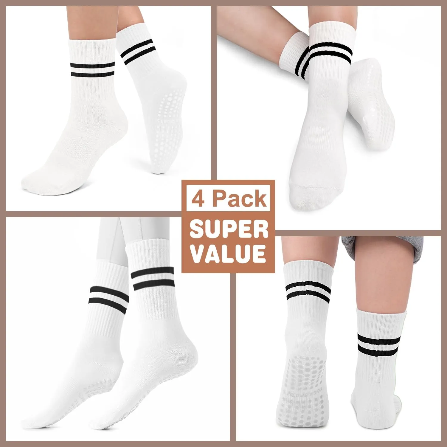 Pilates Socks with Grips for Women, Non-Slip Yoga Athletic Socks for Barre Barefoot Workout Hospital