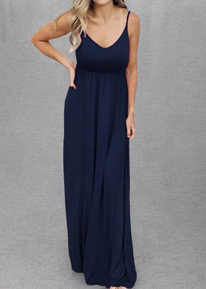 PRIMODA Women's Summer Casual Sleeveless V Neck Adjustable Spaghetti Strap Maxi Long Dress