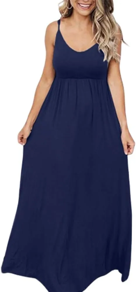 PRIMODA Women's Summer Casual Sleeveless V Neck Adjustable Spaghetti Strap Maxi Long Dress