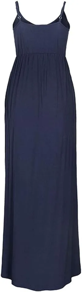PRIMODA Women's Summer Casual Sleeveless V Neck Adjustable Spaghetti Strap Maxi Long Dress