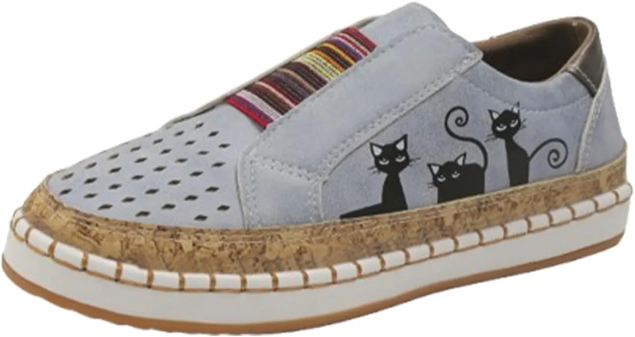 Rayootd Orthopedic Shoes for Women with Cats, Casual Hollow Lightweight Flat Shoes for Women Elastic Slip-On Loafers Black Cat Shoes Women Running Breathable Sports Shoes Indoor Running Shoes