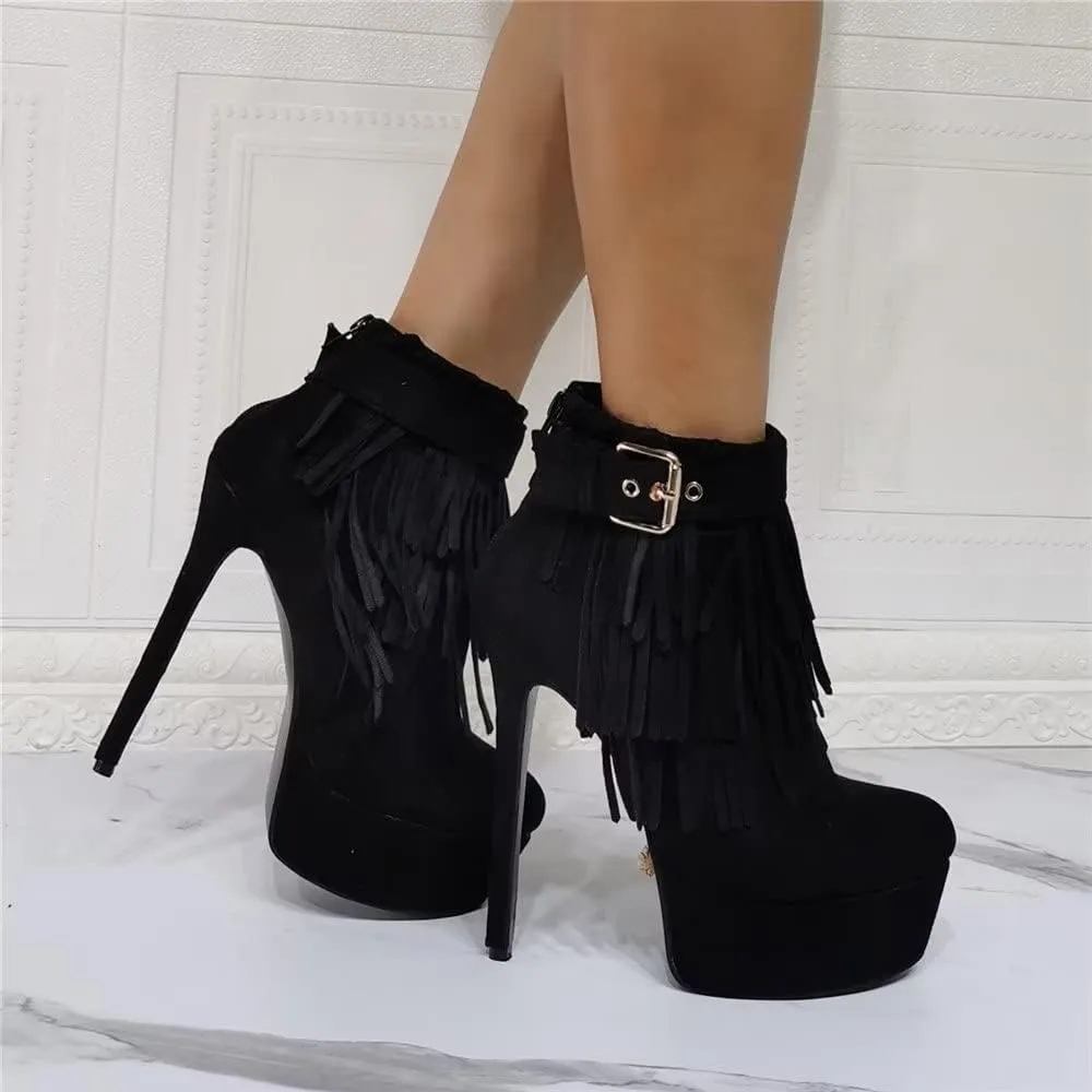 Sexy Stiletto Platform High Heeled Bootie, Suede Classic Black Fashion Tassel Fringes Boot, Big Size Hot Designer Gold Buckle Belt Shoes For Women Men