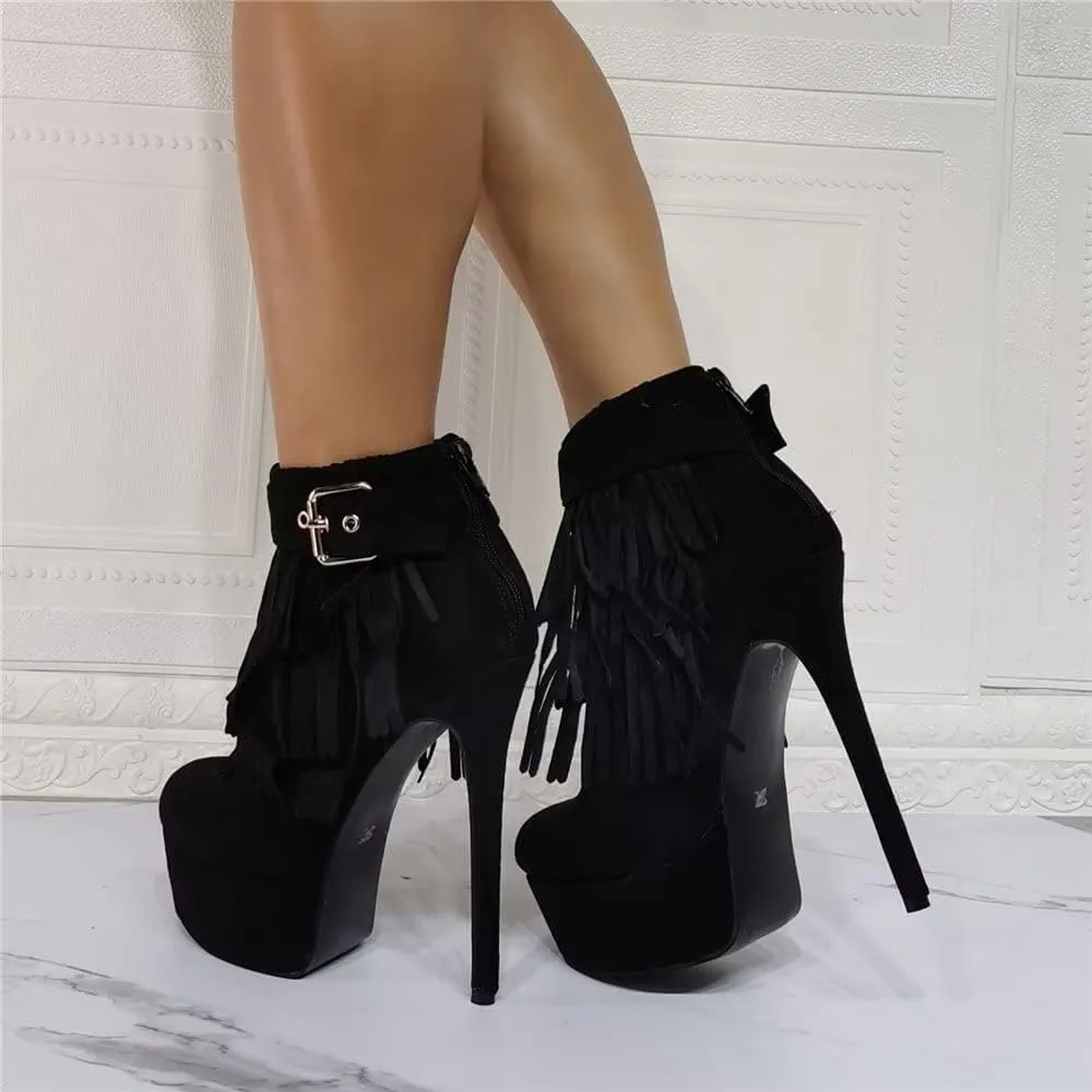 Sexy Stiletto Platform High Heeled Bootie, Suede Classic Black Fashion Tassel Fringes Boot, Big Size Hot Designer Gold Buckle Belt Shoes For Women Men
