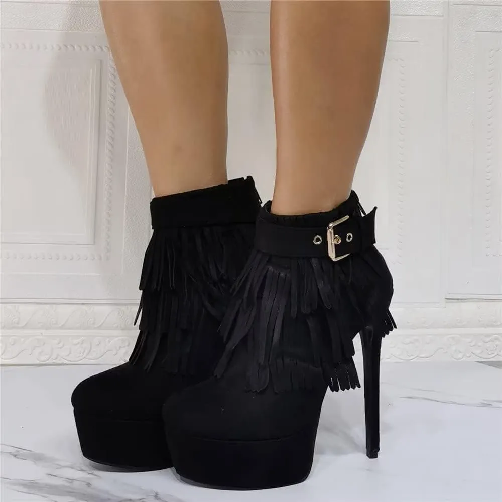 Sexy Stiletto Platform High Heeled Bootie, Suede Classic Black Fashion Tassel Fringes Boot, Big Size Hot Designer Gold Buckle Belt Shoes For Women Men