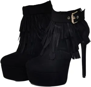Sexy Stiletto Platform High Heeled Bootie, Suede Classic Black Fashion Tassel Fringes Boot, Big Size Hot Designer Gold Buckle Belt Shoes For Women Men