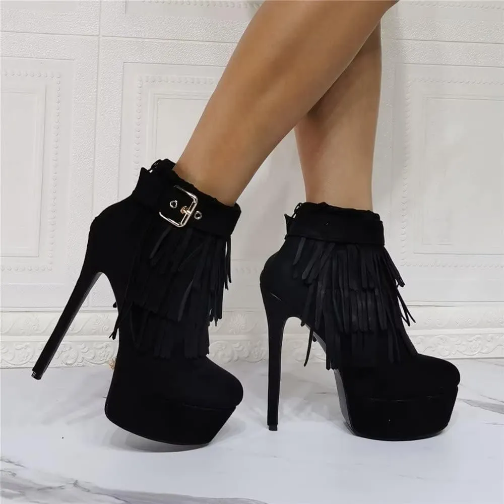 Sexy Stiletto Platform High Heeled Bootie, Suede Classic Black Fashion Tassel Fringes Boot, Big Size Hot Designer Gold Buckle Belt Shoes For Women Men