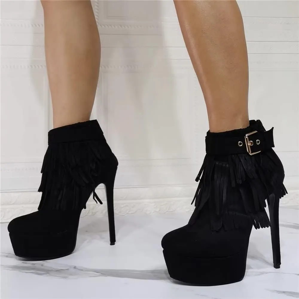 Sexy Stiletto Platform High Heeled Bootie, Suede Classic Black Fashion Tassel Fringes Boot, Big Size Hot Designer Gold Buckle Belt Shoes For Women Men