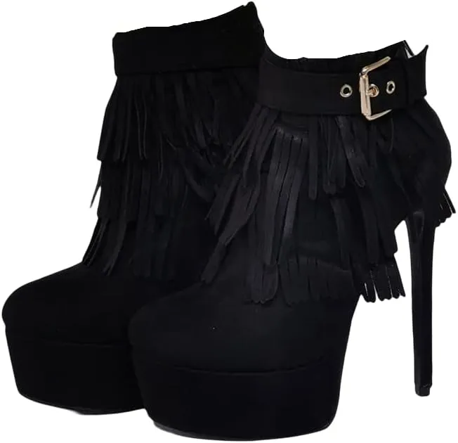 Sexy Stiletto Platform High Heeled Bootie, Suede Classic Black Fashion Tassel Fringes Boot, Big Size Hot Designer Gold Buckle Belt Shoes For Women Men