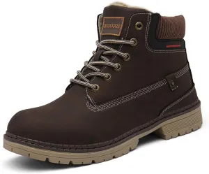SKDOIUL Mens Winter Snow Boots Leather Ankle Walking Shoes with Warm Fur