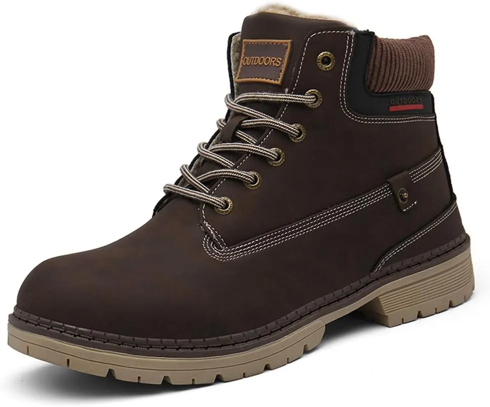 SKDOIUL Mens Winter Snow Boots Leather Ankle Walking Shoes with Warm Fur