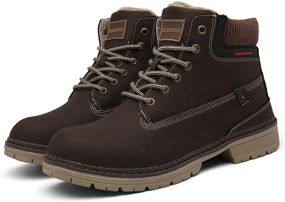 SKDOIUL Mens Winter Snow Boots Leather Ankle Walking Shoes with Warm Fur