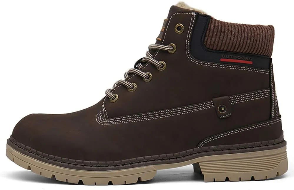SKDOIUL Mens Winter Snow Boots Leather Ankle Walking Shoes with Warm Fur