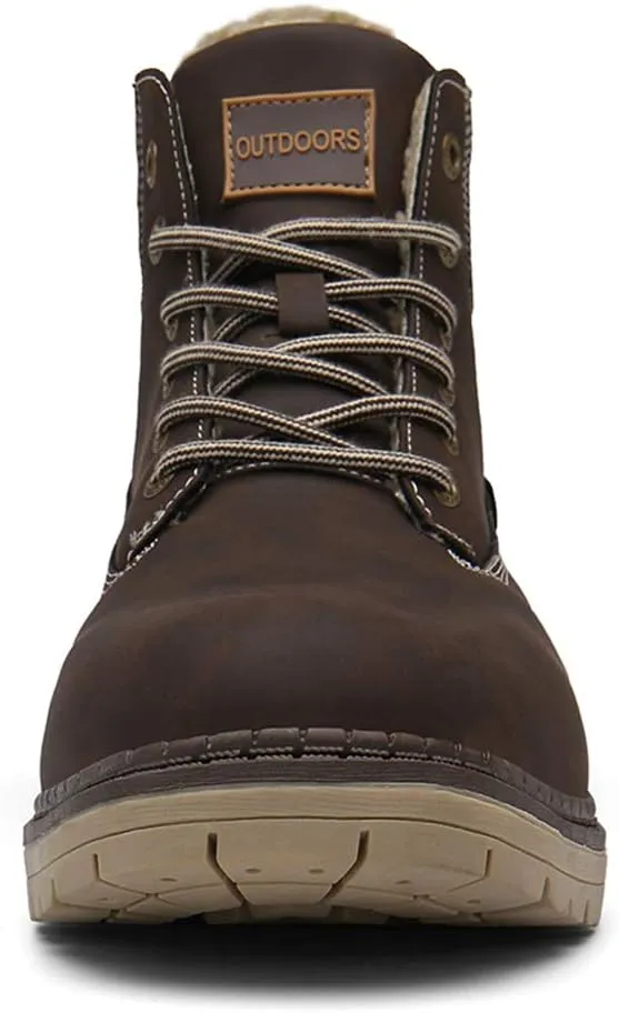 SKDOIUL Mens Winter Snow Boots Leather Ankle Walking Shoes with Warm Fur