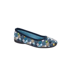 Sleepers SAMIRA Womens Polka Dot Velour Lined Ballet Slippers Blue/Multi