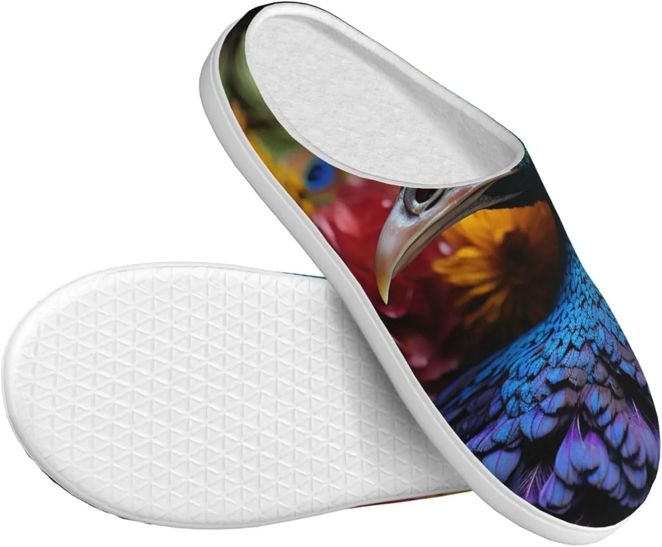 Slippers for Women Men Cotton Slippers Peacock Head Plush Shoes Non-slip TPR Slippers