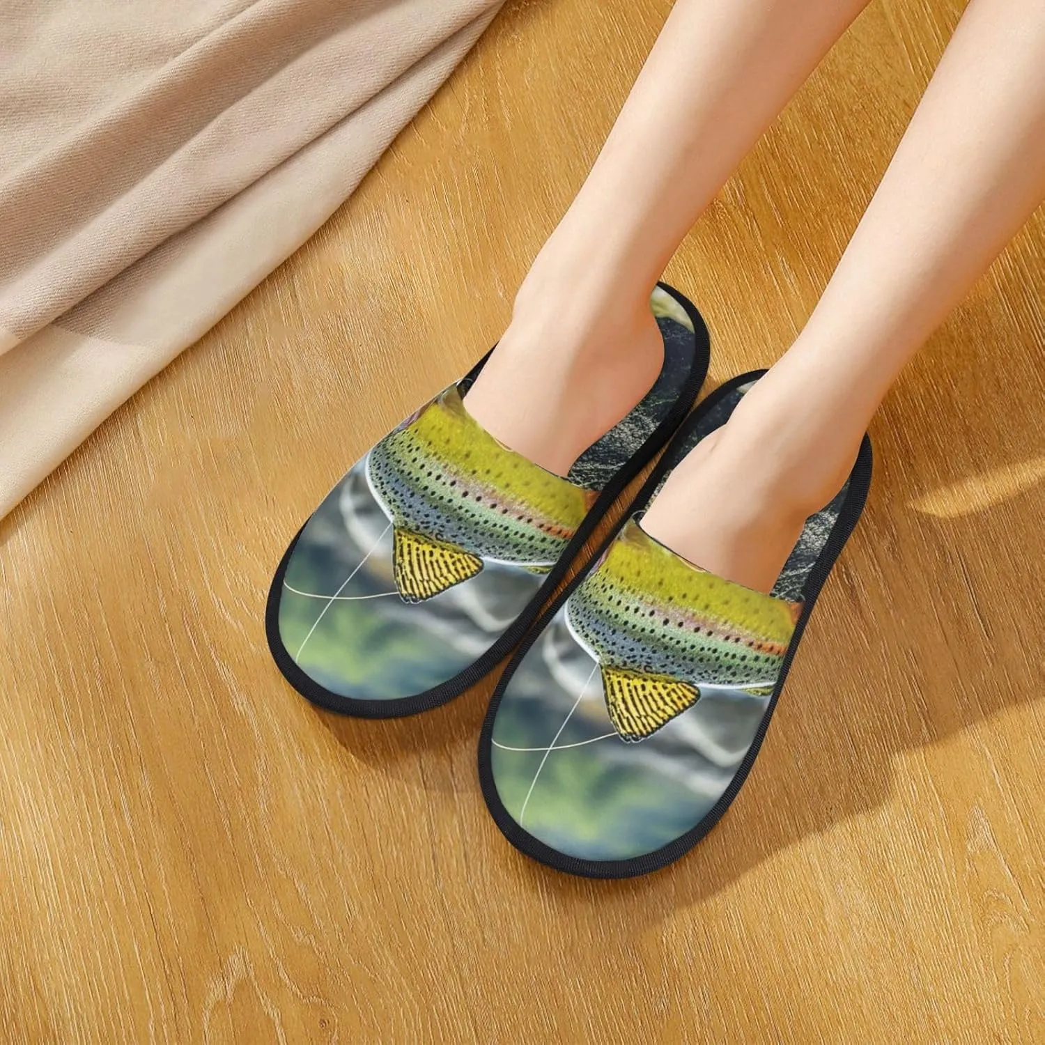 Slippers for Women Men Fuzzy House Slippers Brook Trout Fly Fishing Plush Shoes Non-slip Memory Foam Slippers
