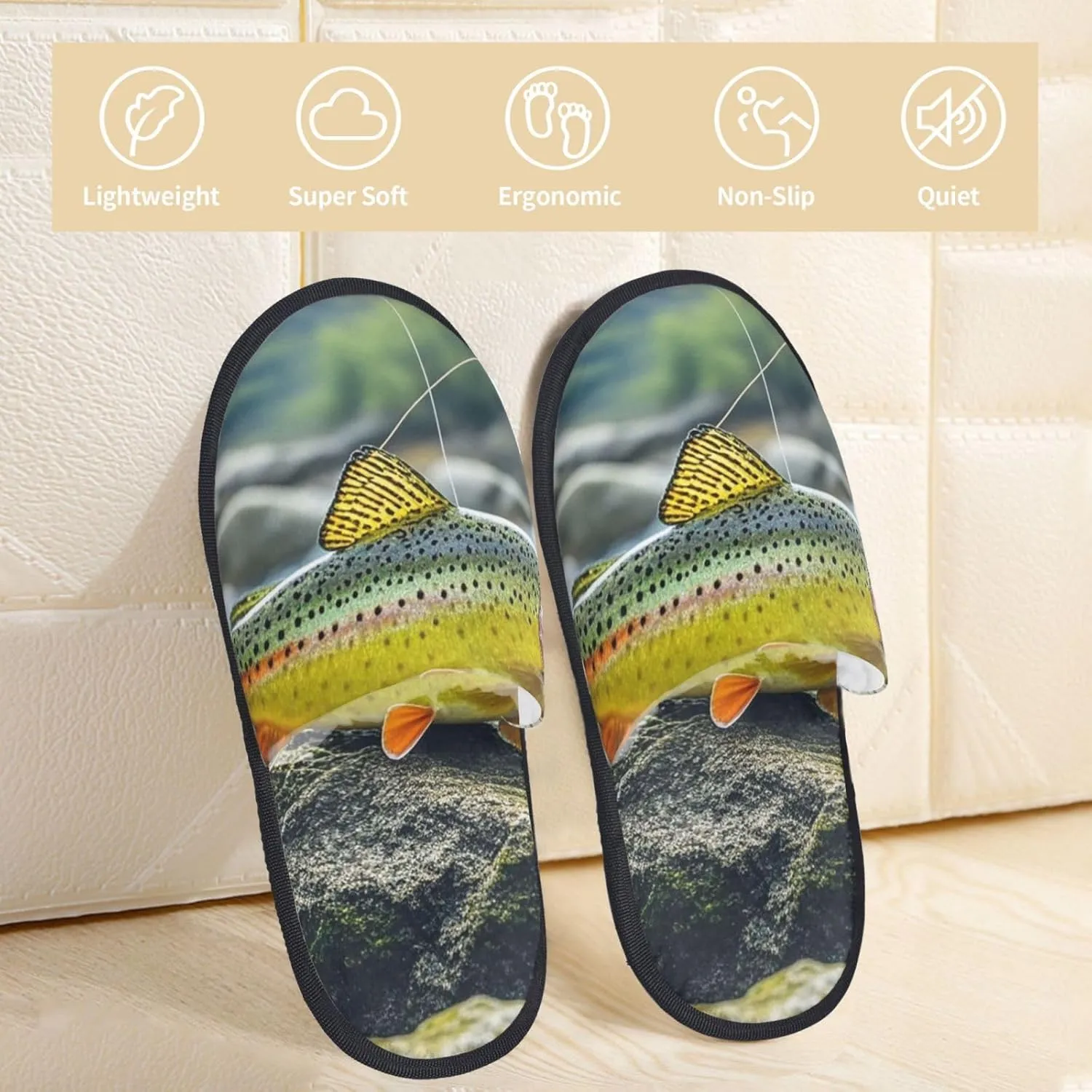 Slippers for Women Men Fuzzy House Slippers Brook Trout Fly Fishing Plush Shoes Non-slip Memory Foam Slippers