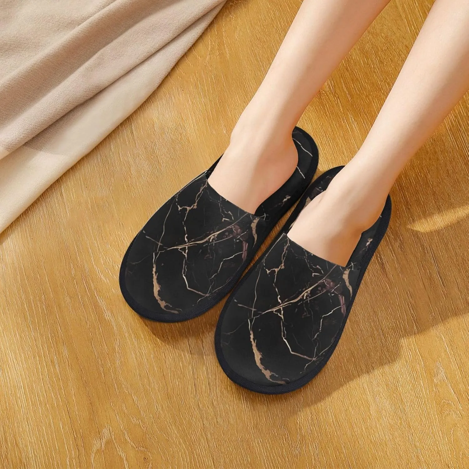 Slippers for Women Men Memory Foam Slippers Black Gold Marble House Slippers Winter Slides Indoor House Shoes