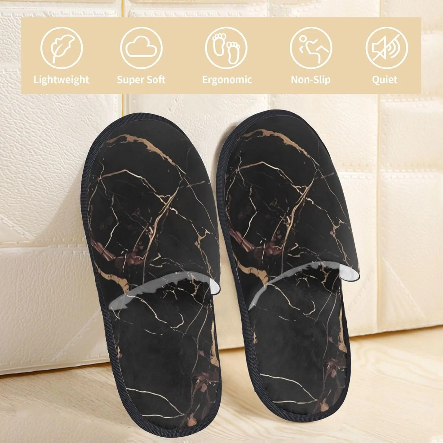 Slippers for Women Men Memory Foam Slippers Black Gold Marble House Slippers Winter Slides Indoor House Shoes