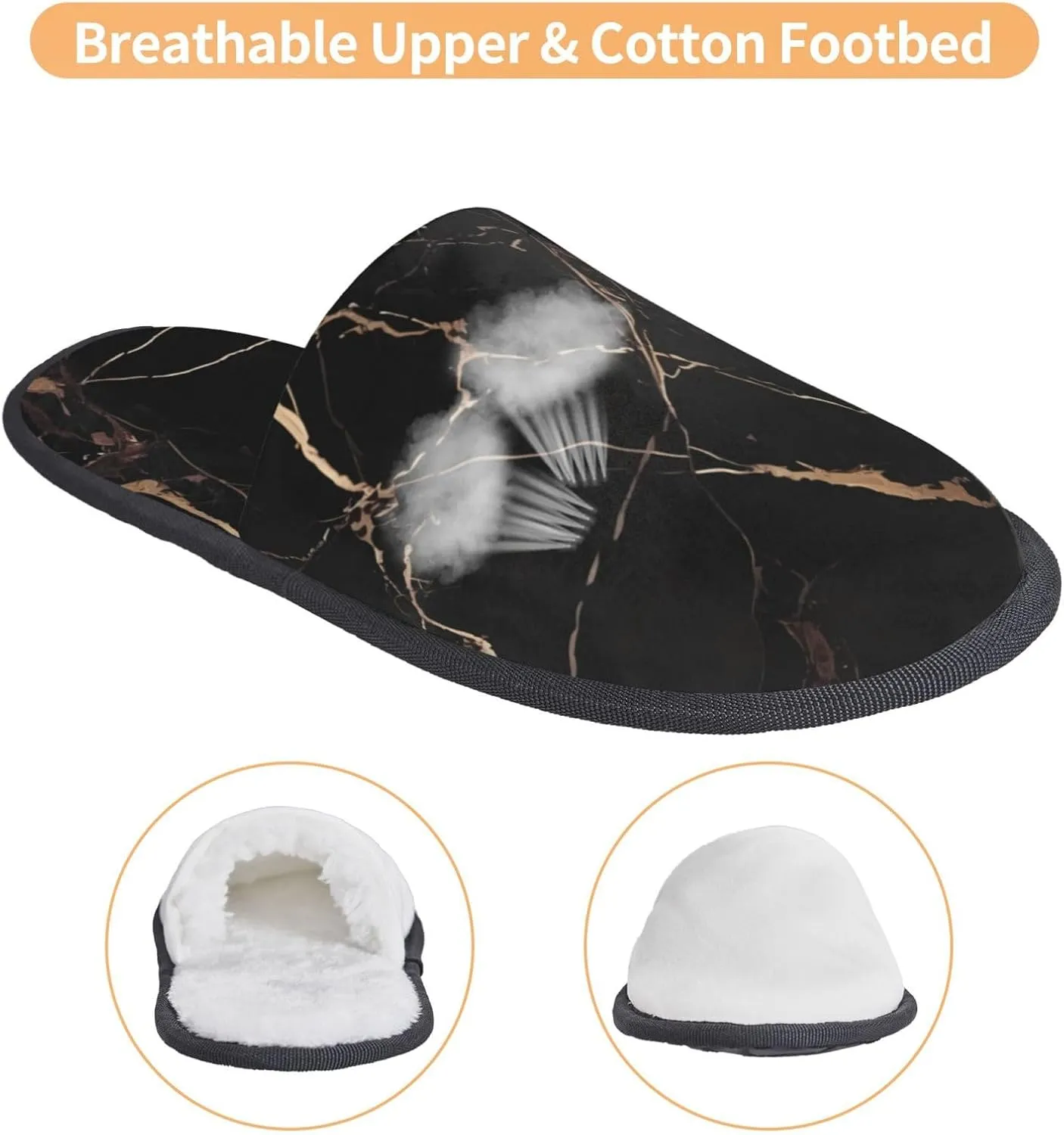 Slippers for Women Men Memory Foam Slippers Black Gold Marble House Slippers Winter Slides Indoor House Shoes