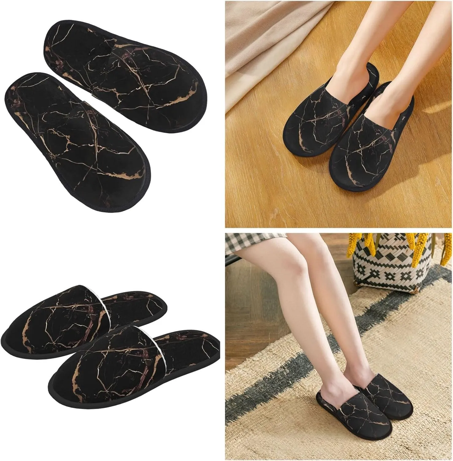 Slippers for Women Men Memory Foam Slippers Black Gold Marble House Slippers Winter Slides Indoor House Shoes