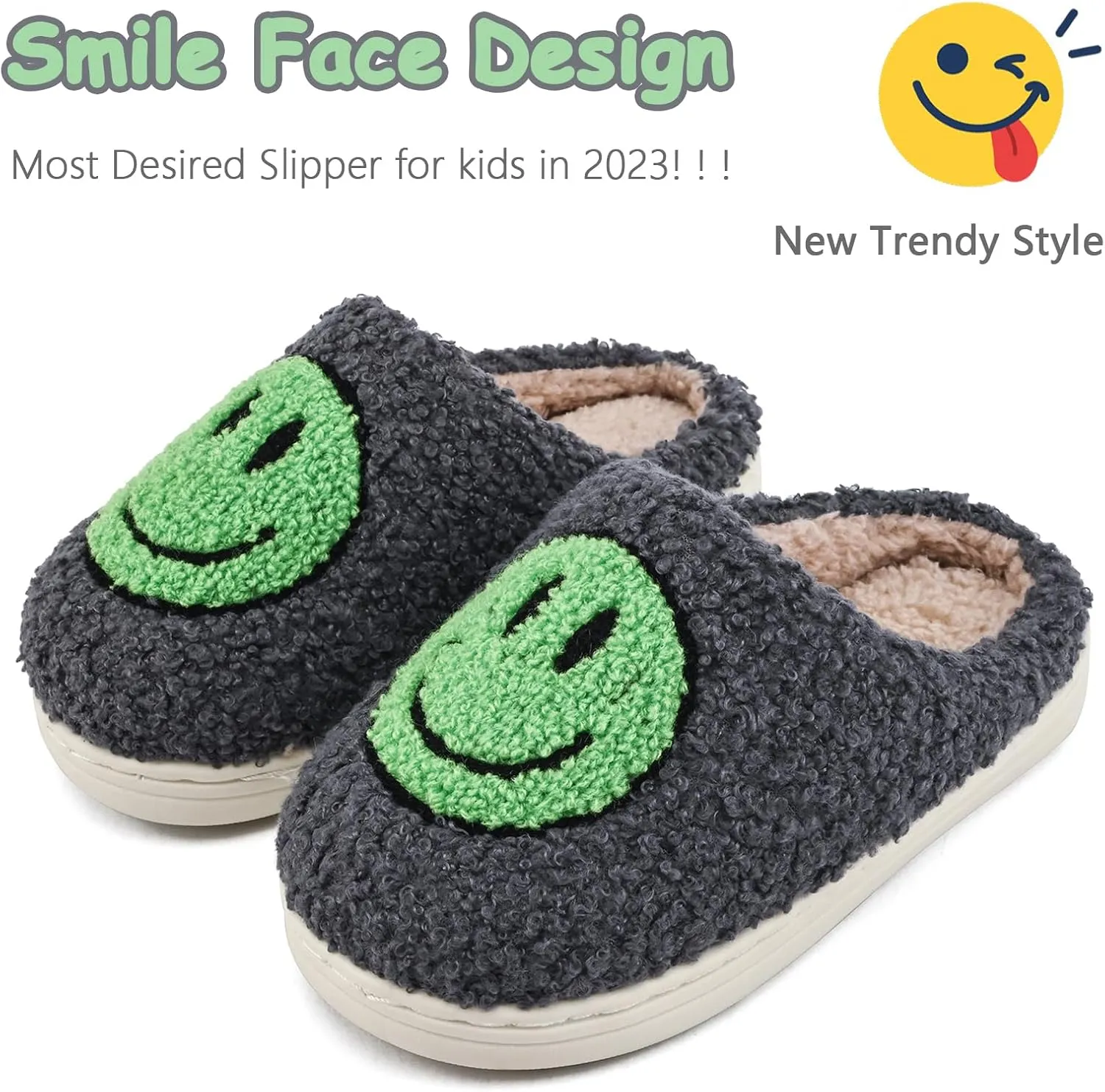 Smile Face Kids Happy Face Soft Plush Warm Slipper Anti-Slip Winter Fluffy House Shoes Soft Memory Foam Comfort Cotton Slippers Indoor and Outdoor