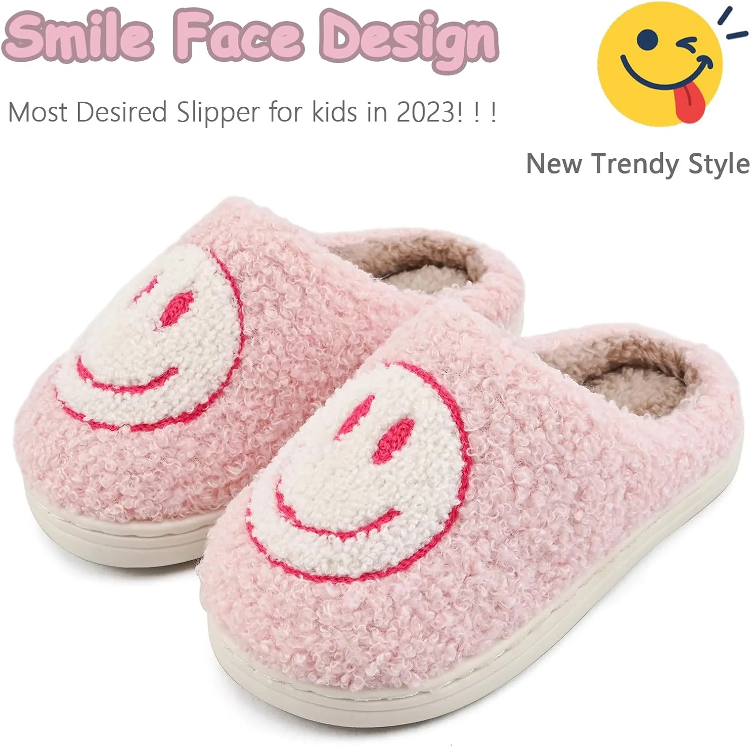 Smile Face Kids Happy Face Soft Plush Warm Slipper Anti-Slip Winter Fluffy House Shoes Soft Memory Foam Comfort Cotton Slippers Indoor and Outdoor