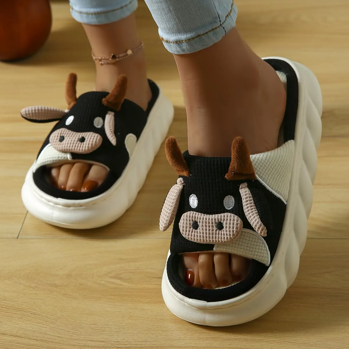 SnugSole Fuzzy Cow Slippers for Women, Cotton Cartoon Cute Animal Slippers for Men Women