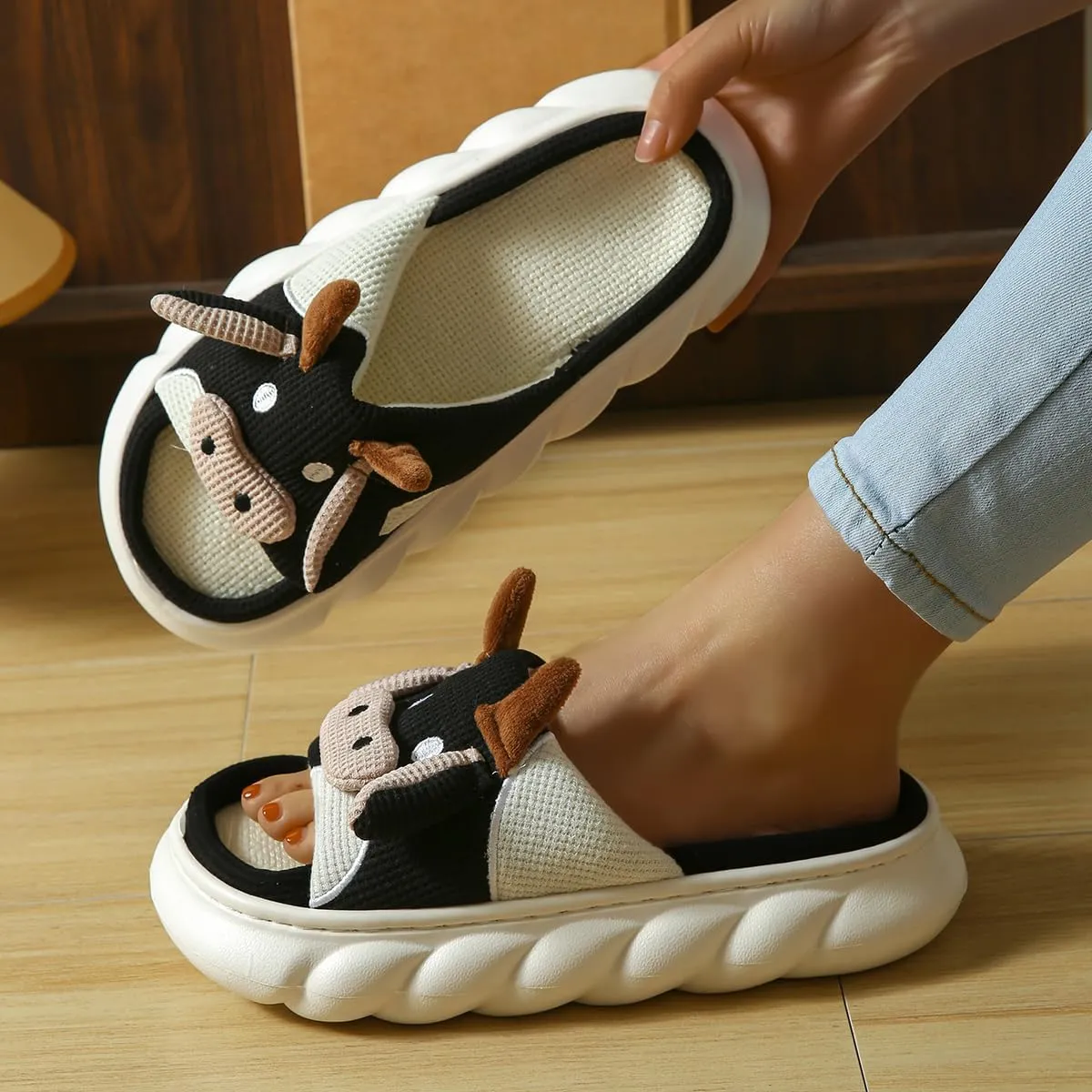 SnugSole Fuzzy Cow Slippers for Women, Cotton Cartoon Cute Animal Slippers for Men Women