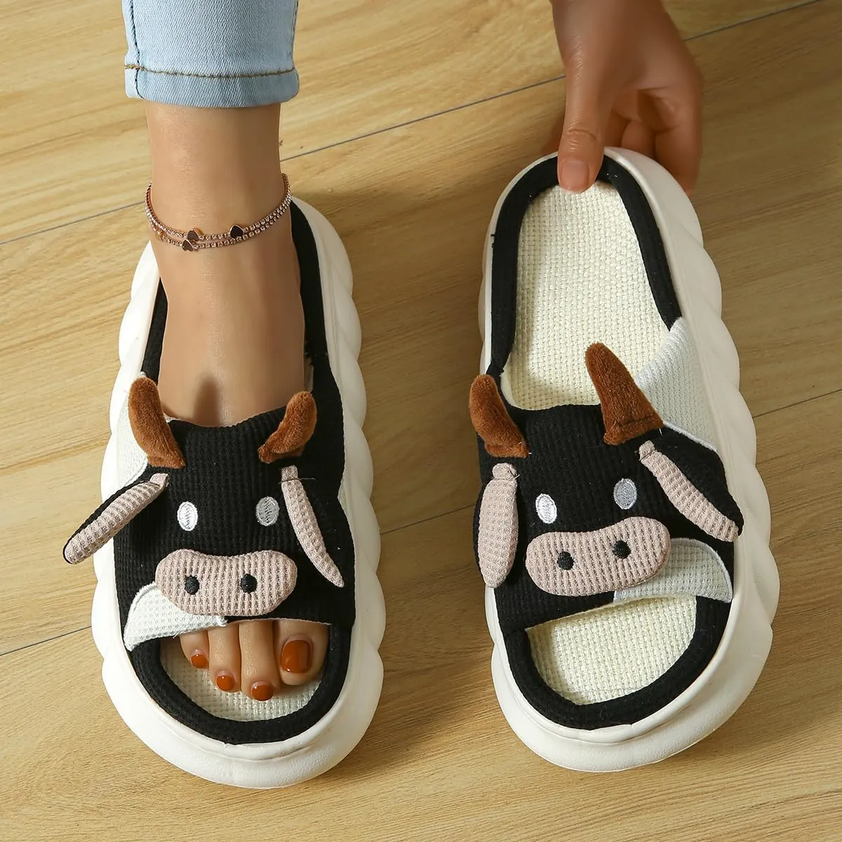 SnugSole Fuzzy Cow Slippers for Women, Cotton Cartoon Cute Animal Slippers for Men Women