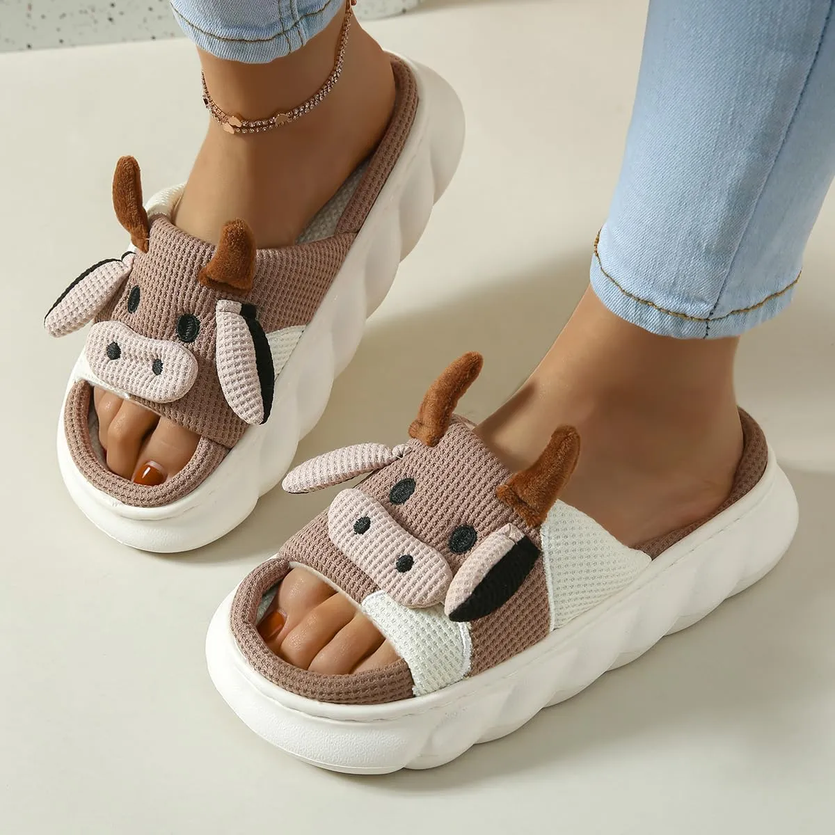 SnugSole Fuzzy Cow Slippers for Women, Cotton Cartoon Cute Animal Slippers for Men Women