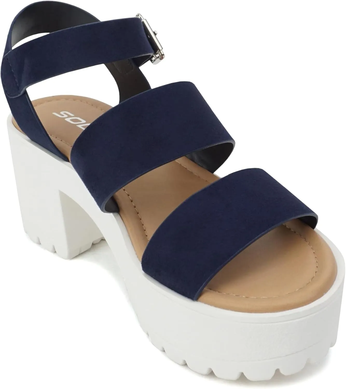 Soda ACCOUNT ~ Women Open Toe Two Bands Lug sole Fashion Block Heel Sandals with Adjustable Ankle Strap