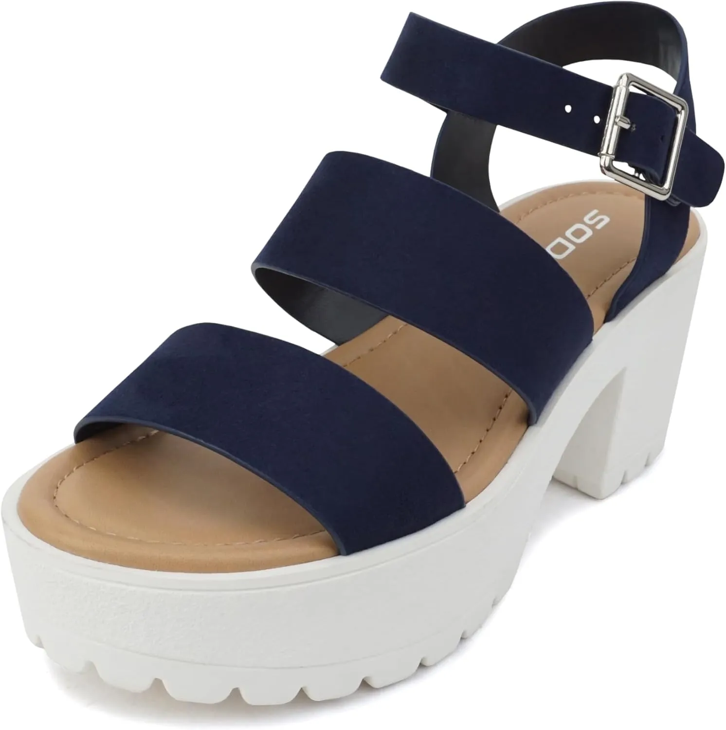 Soda ACCOUNT ~ Women Open Toe Two Bands Lug sole Fashion Block Heel Sandals with Adjustable Ankle Strap