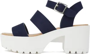 Soda ACCOUNT ~ Women Open Toe Two Bands Lug sole Fashion Block Heel Sandals with Adjustable Ankle Strap
