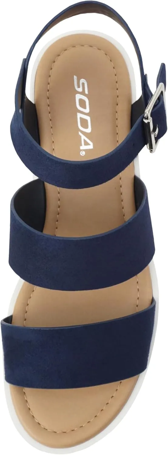 Soda ACCOUNT ~ Women Open Toe Two Bands Lug sole Fashion Block Heel Sandals with Adjustable Ankle Strap