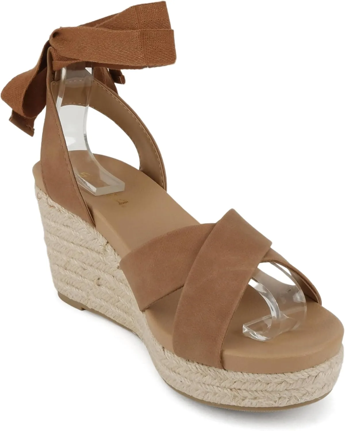 Soda “Donnie” ~ Women Open Round Toe Crisscross Band Low Heel Espadrille Wedge Sandal with Adjustable Ankle Strap
