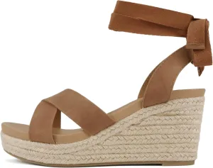 Soda “Donnie” ~ Women Open Round Toe Crisscross Band Low Heel Espadrille Wedge Sandal with Adjustable Ankle Strap
