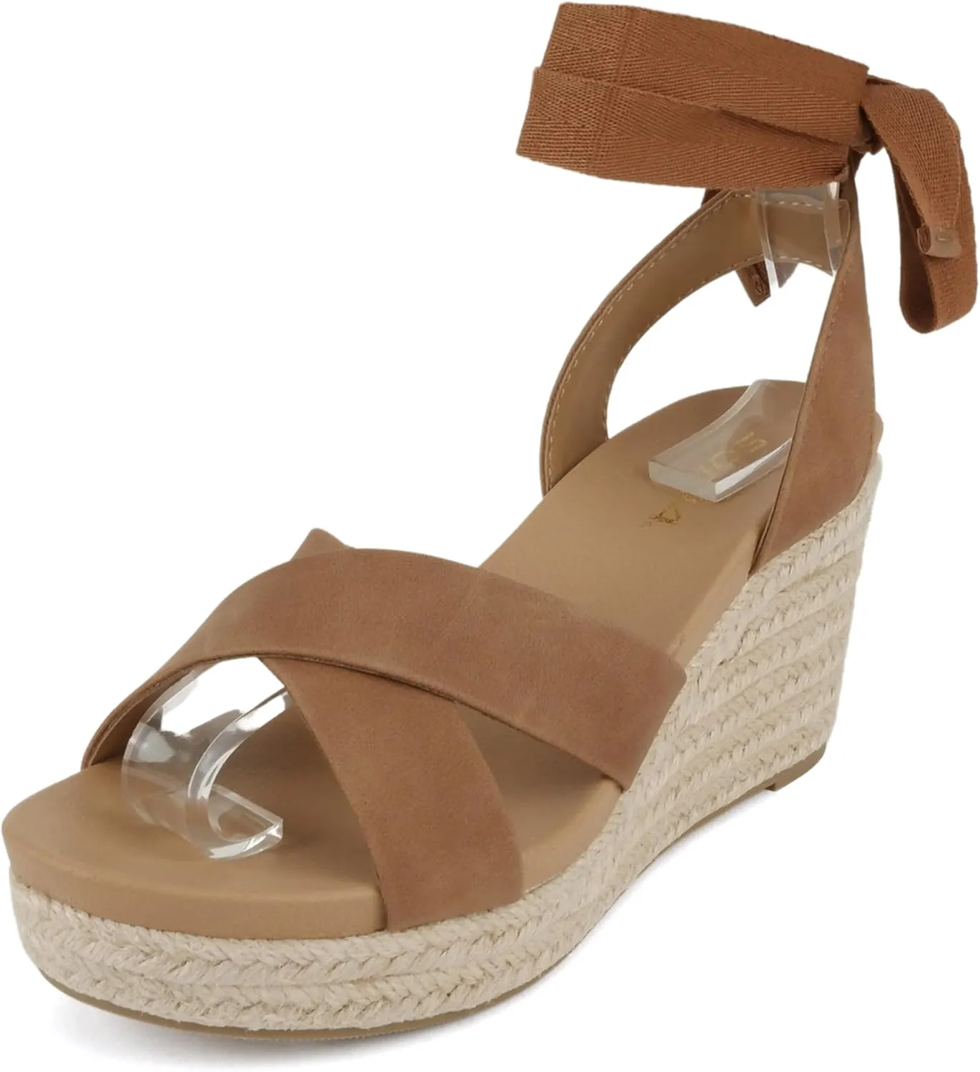 Soda “Donnie” ~ Women Open Round Toe Crisscross Band Low Heel Espadrille Wedge Sandal with Adjustable Ankle Strap