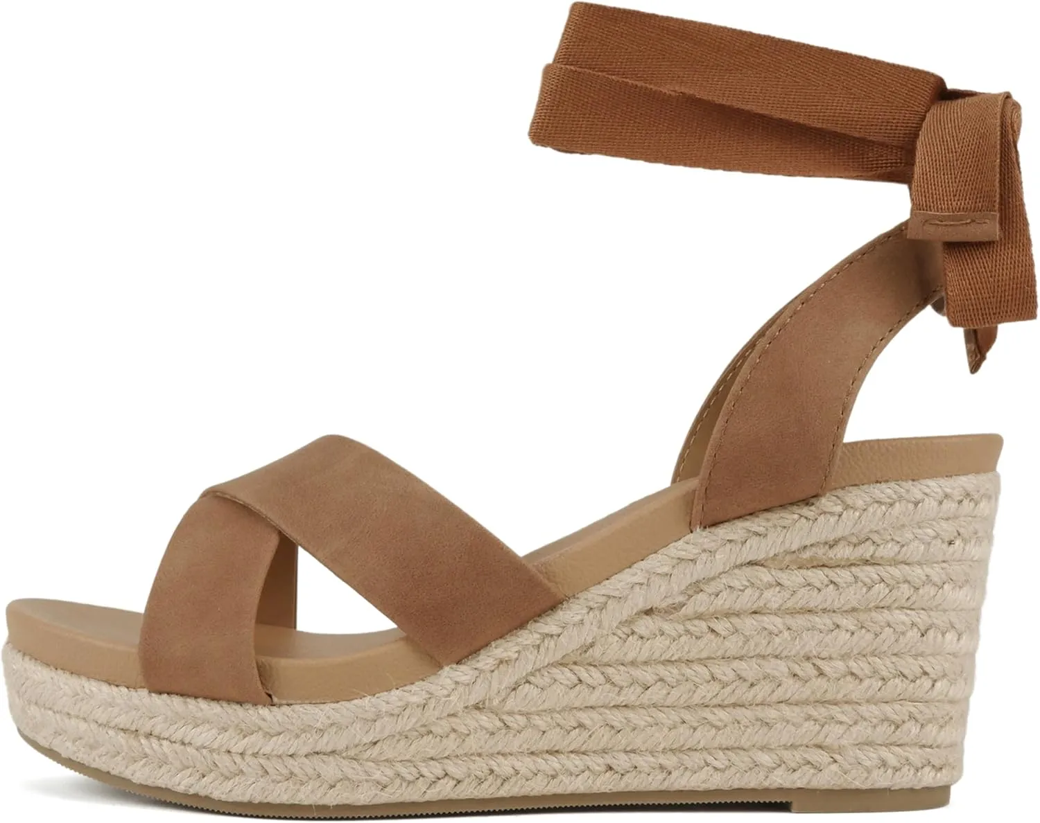 Soda “Donnie” ~ Women Open Round Toe Crisscross Band Low Heel Espadrille Wedge Sandal with Adjustable Ankle Strap